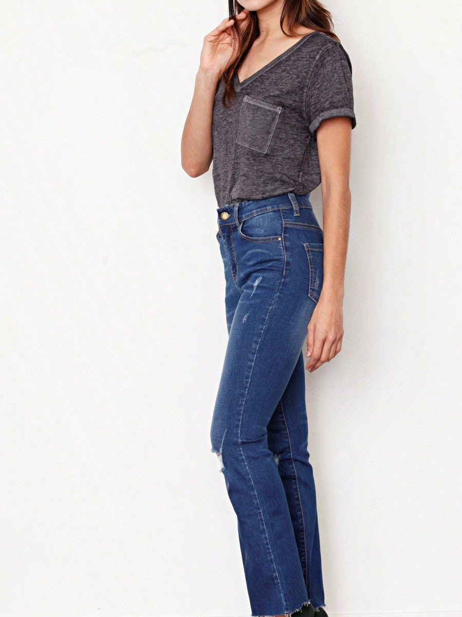 Cotton Tattered Hem Mid High Waist Cropped Semi Ankle Boot Cut Jeans