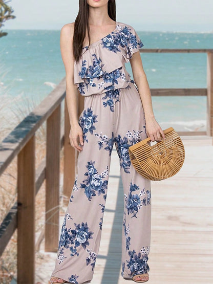 Boho Casual Beige Blue Floral Leaf Tank Cami One Shoulder Ruffle Wide Leg Jumpsuit Small To 3 XL PLUS