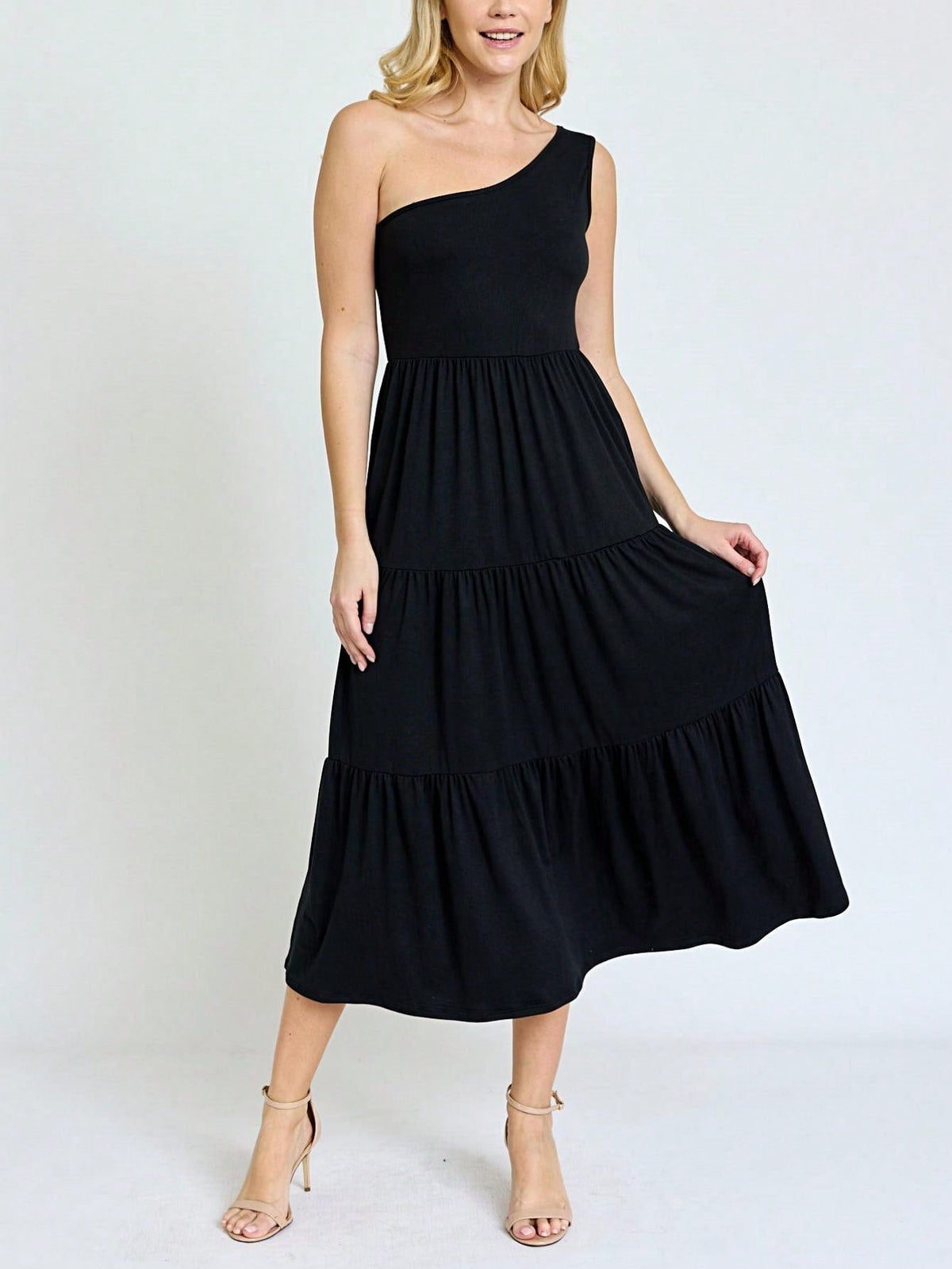 Boho Retro  Vintage Tiered Dress Black Navy Sage Khaki Beige One Shoulder Tiered Long Dress