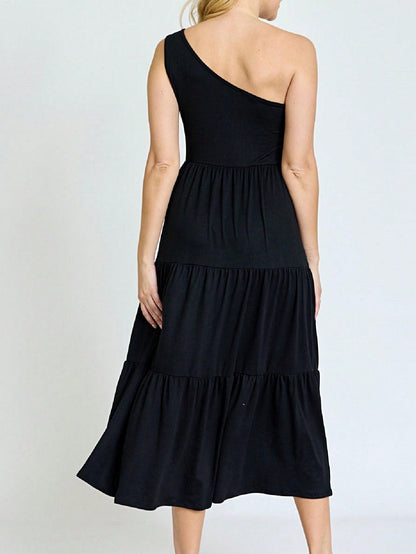 Boho Retro  Vintage Tiered Dress Black Navy Sage Khaki Beige One Shoulder Tiered Long Dress