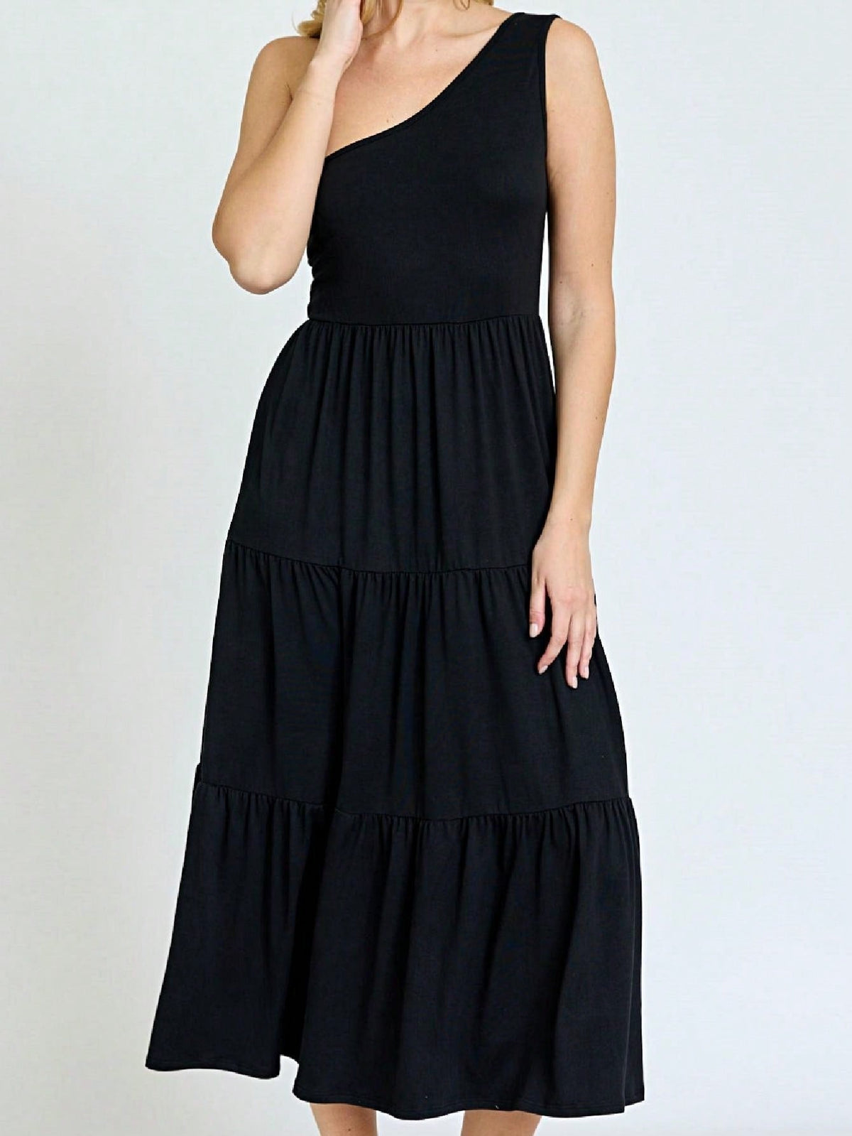 Boho Retro  Vintage Tiered Dress Black Navy Sage Khaki Beige One Shoulder Tiered Long Dress