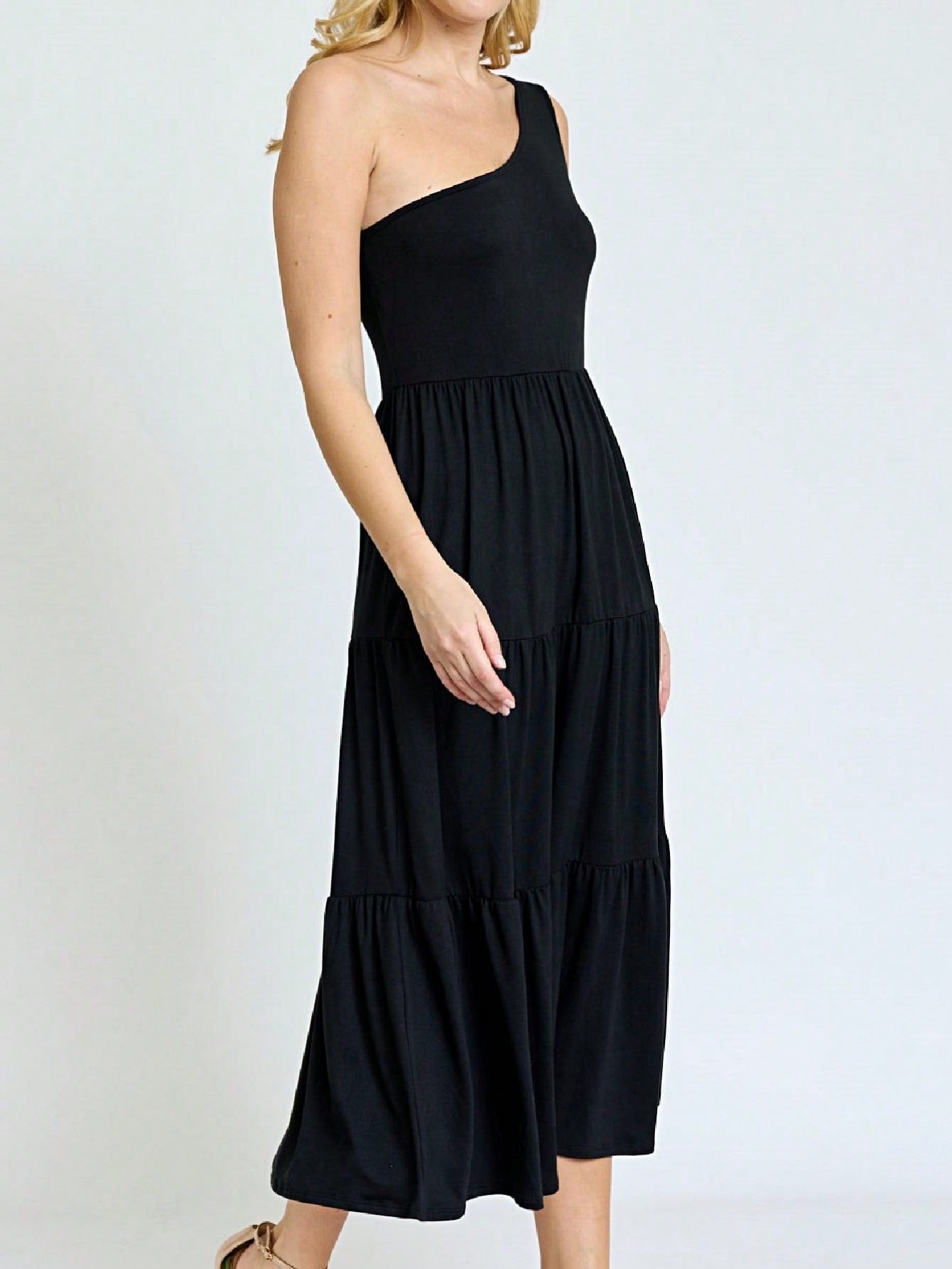 Boho Retro  Vintage Tiered Dress Black Navy Sage Khaki Beige One Shoulder Tiered Long Dress