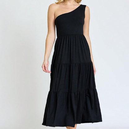 Boho Retro  Vintage Tiered Dress Black Navy Sage Khaki Beige One Shoulder Tiered Long Dress