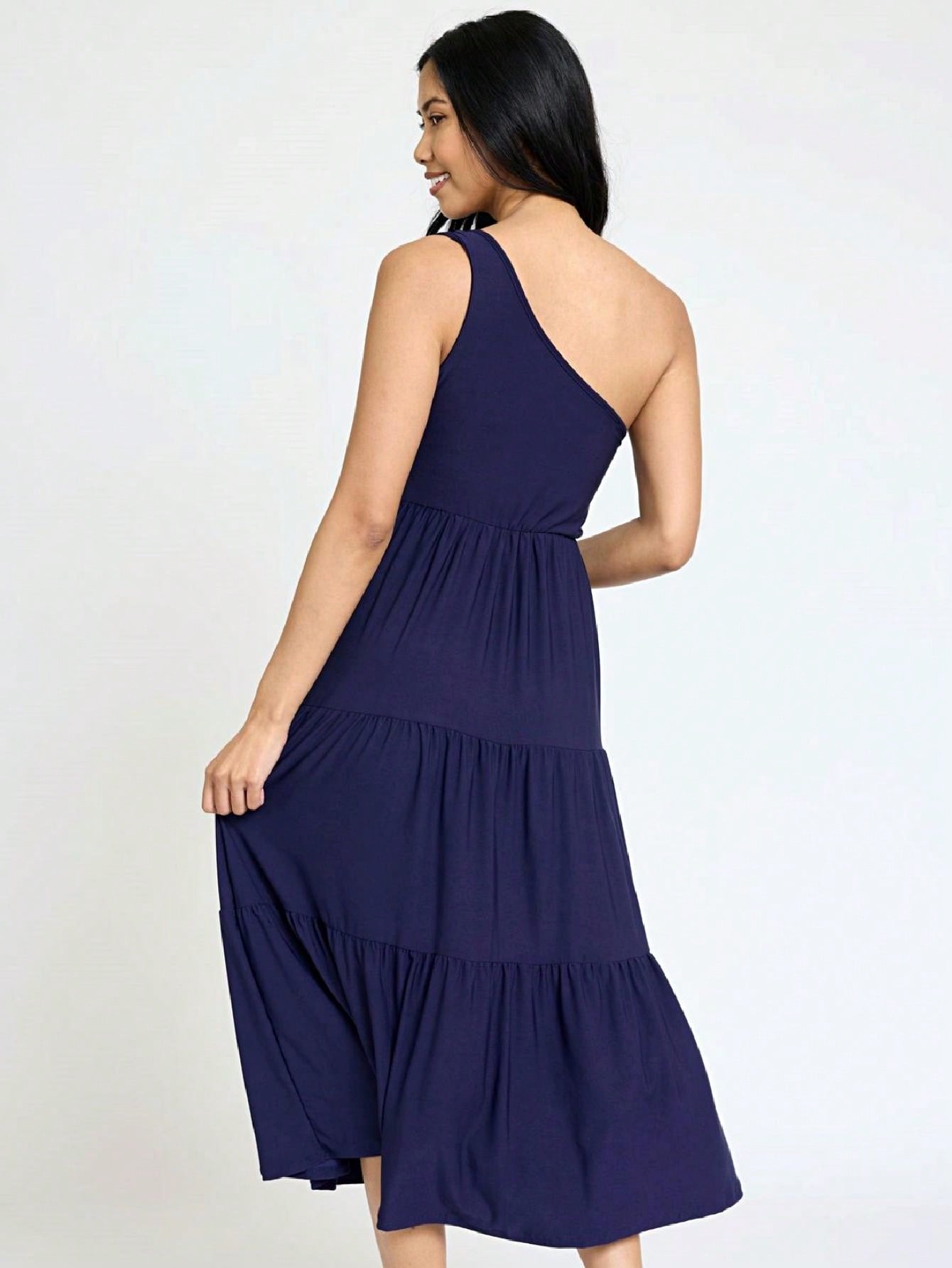 Boho Retro  Vintage Tiered Dress Black Navy Sage Khaki Beige One Shoulder Tiered Long Dress