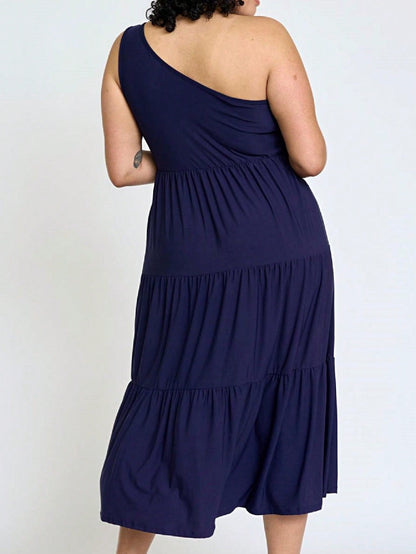 Boho Retro  Vintage Tiered Dress Black Navy Sage Khaki Beige One Shoulder Tiered Long Dress