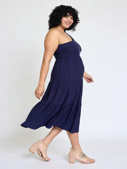 Boho Retro  Vintage Tiered Dress Black Navy Sage Khaki Beige One Shoulder Tiered Long Dress