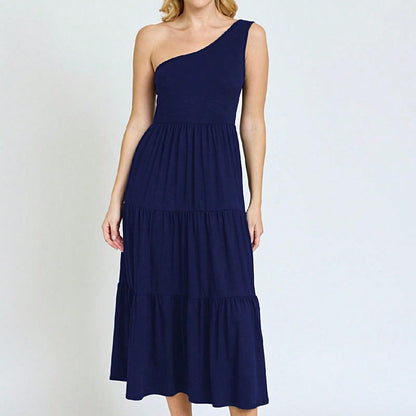 Boho Retro  Vintage Tiered Dress Black Navy Sage Khaki Beige One Shoulder Tiered Long Dress