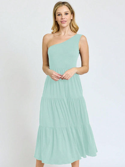 Boho Retro  Vintage Tiered Dress Black Navy Sage Khaki Beige One Shoulder Tiered Long Dress