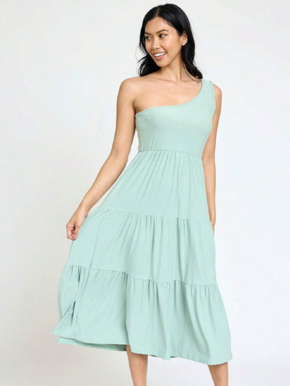 Boho Retro  Vintage Tiered Dress Black Navy Sage Khaki Beige One Shoulder Tiered Long Dress