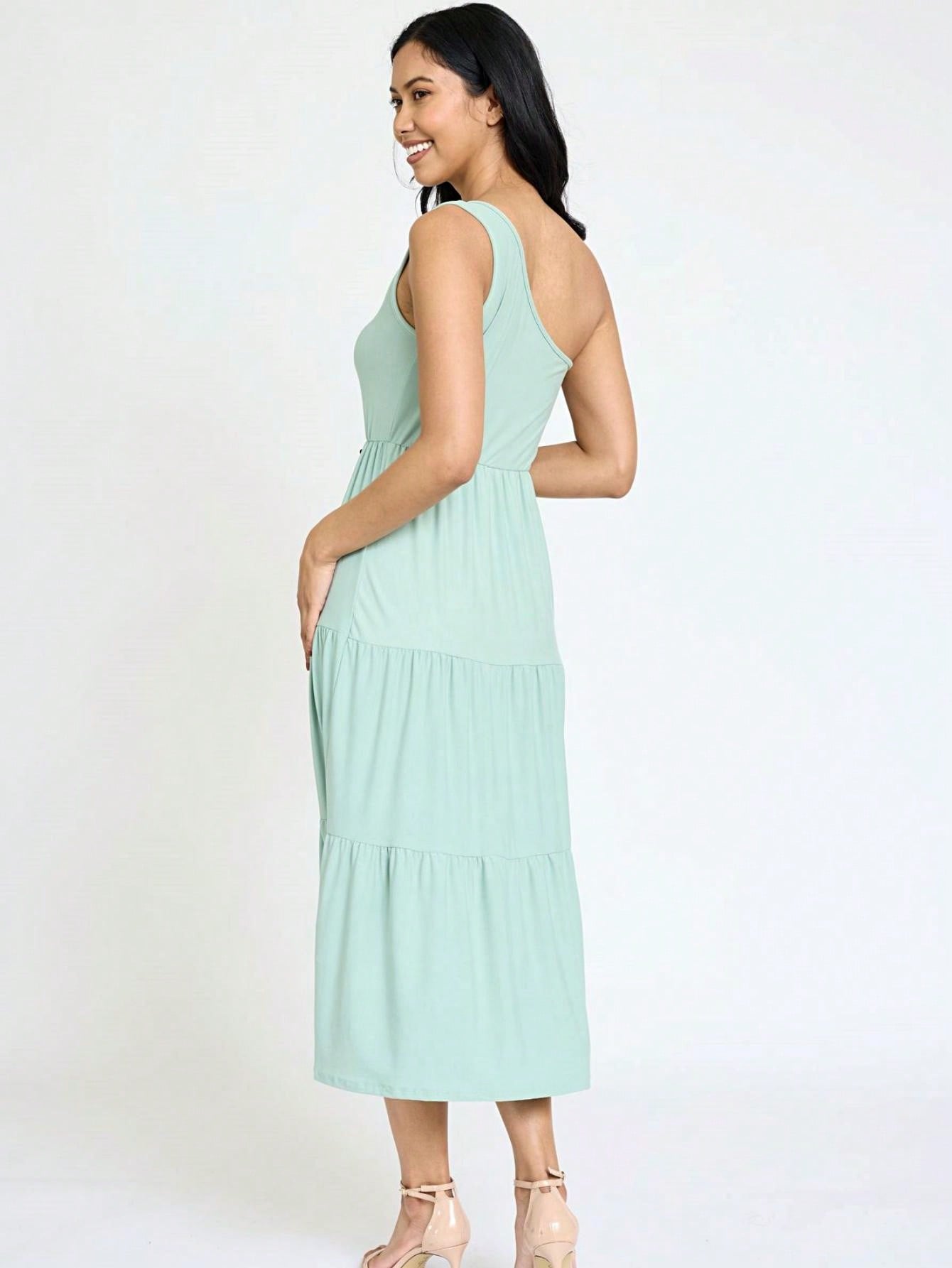 Boho Retro  Vintage Tiered Dress Black Navy Sage Khaki Beige One Shoulder Tiered Long Dress