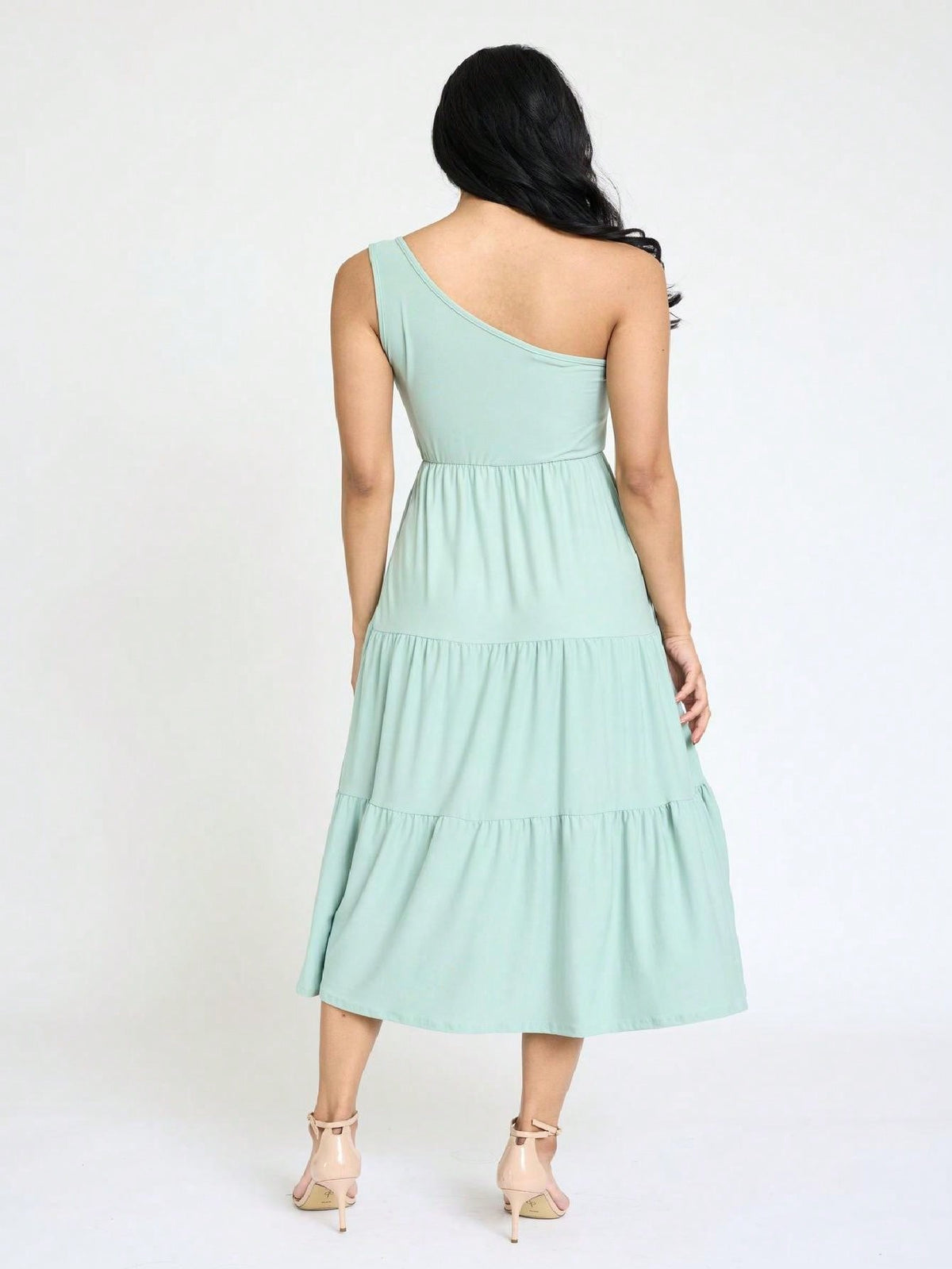 Boho Retro  Vintage Tiered Dress Black Navy Sage Khaki Beige One Shoulder Tiered Long Dress