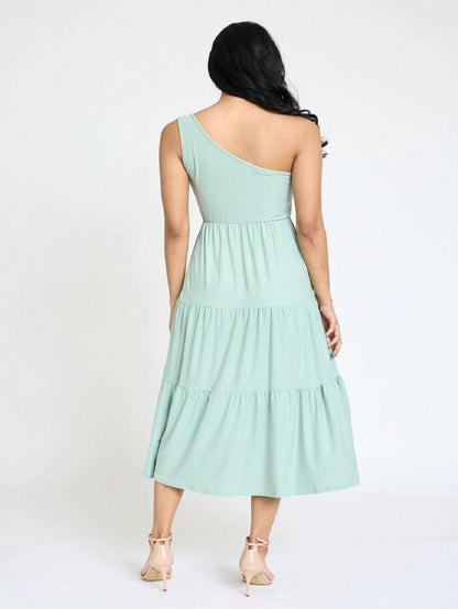 Boho Retro  Vintage Tiered Dress Black Navy Sage Khaki Beige One Shoulder Tiered Long Dress