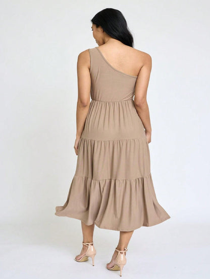 Boho Retro  Vintage Tiered Dress Black Navy Sage Khaki Beige One Shoulder Tiered Long Dress