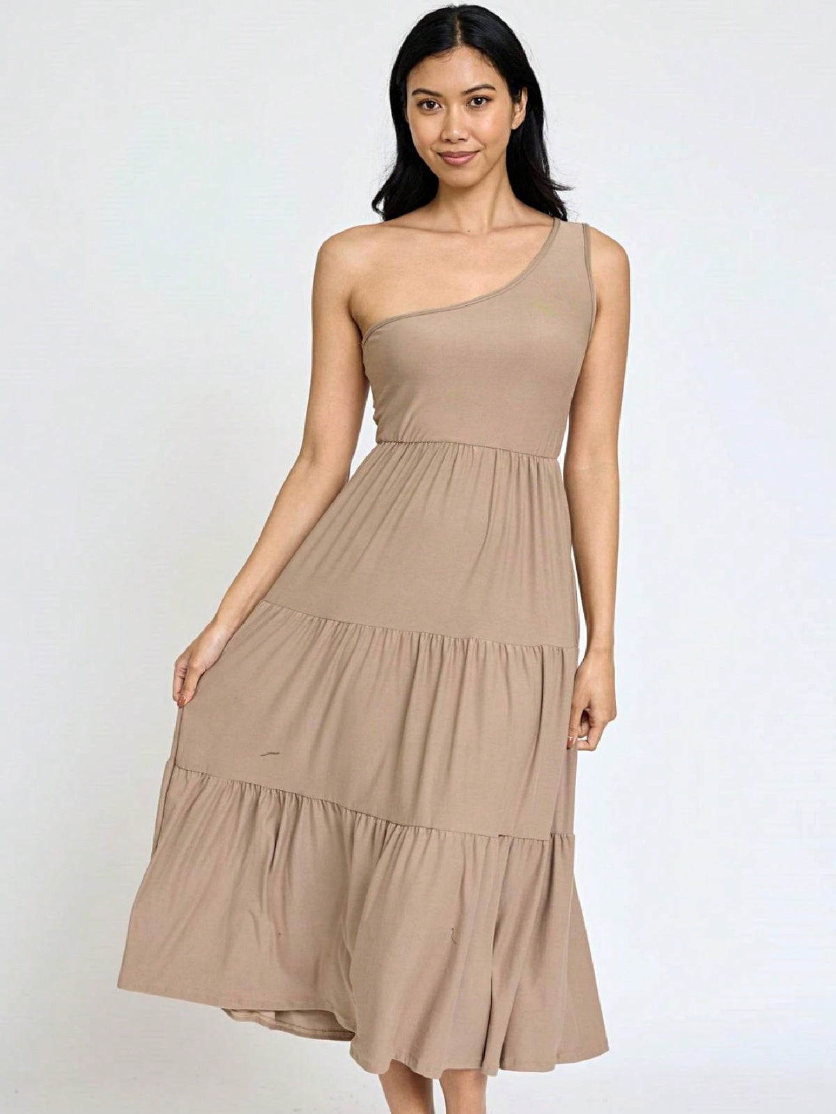 Boho Retro  Vintage Tiered Dress Black Navy Sage Khaki Beige One Shoulder Tiered Long Dress
