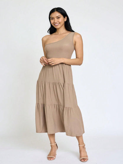 Boho Retro  Vintage Tiered Dress Black Navy Sage Khaki Beige One Shoulder Tiered Long Dress