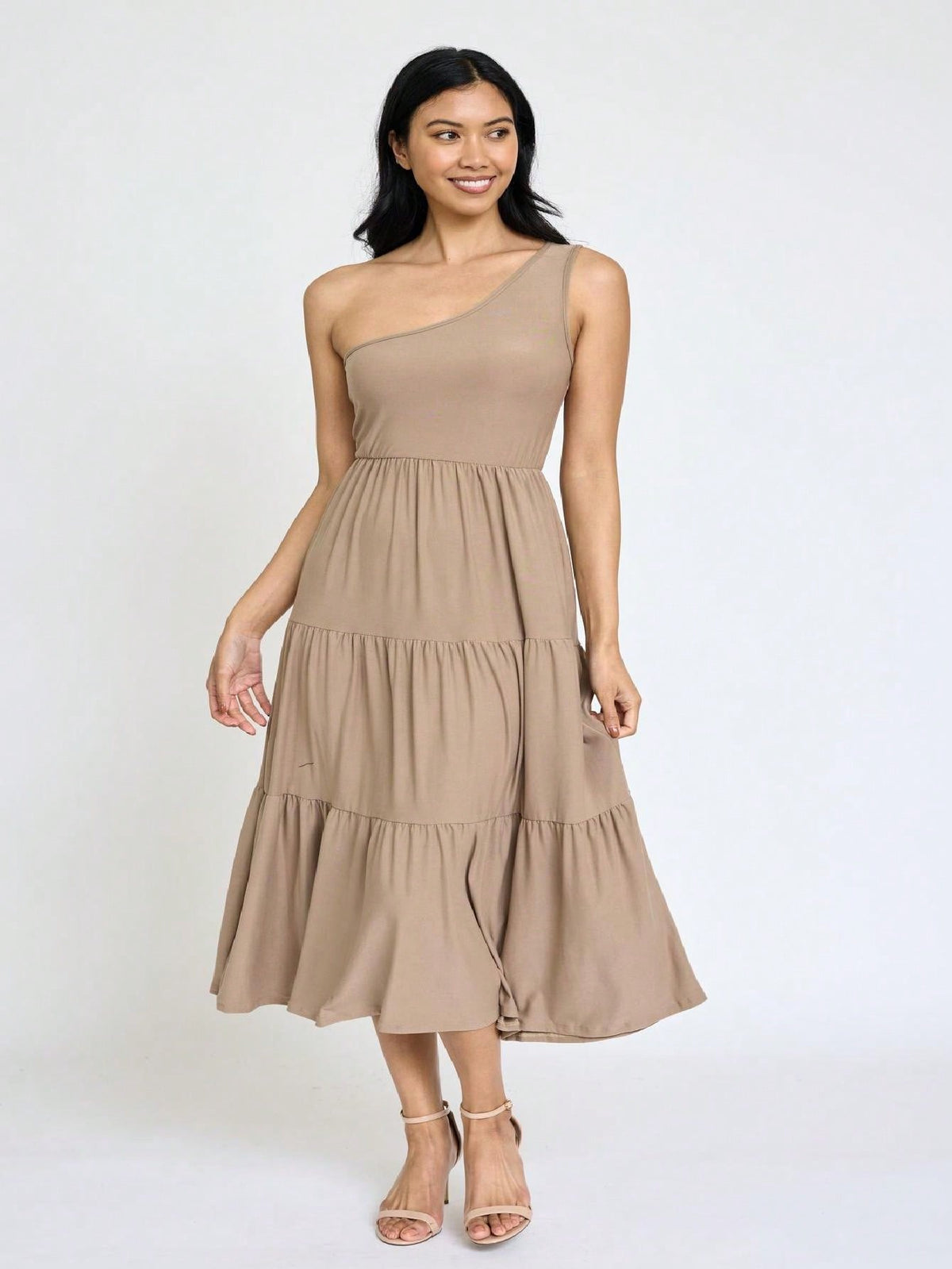 Boho Retro  Vintage Tiered Dress Black Navy Sage Khaki Beige One Shoulder Tiered Long Dress