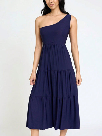 Boho Retro  Vintage Tiered Dress Black Navy Sage Khaki Beige One Shoulder Tiered Long Dress