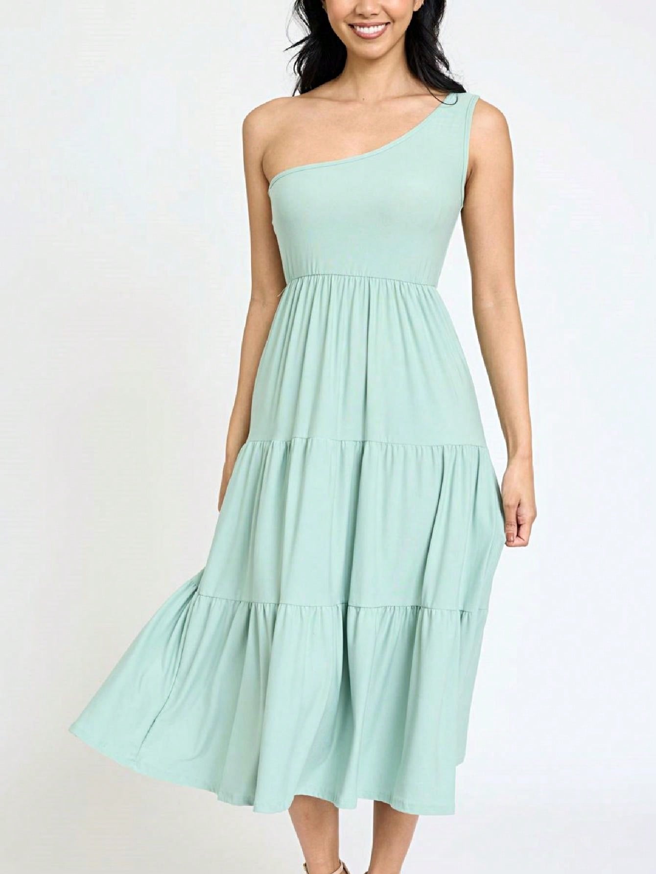 Boho Retro  Vintage Tiered Dress Black Navy Sage Khaki Beige One Shoulder Tiered Long Dress