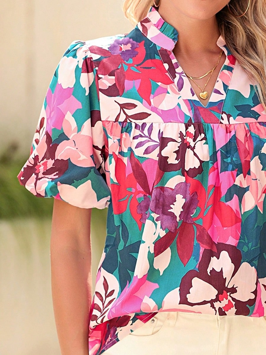 Boho Retro Vintage 60's Vibe Rose Green Cotton  V Notch Neck Lantern Bubble Sleeve Top Shirt Blouse
