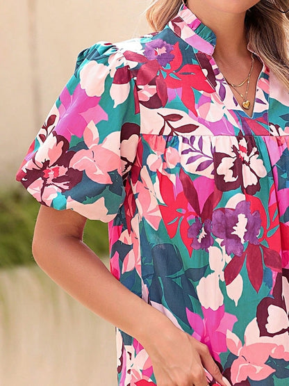 Boho Retro Vintage 60's Vibe Rose Green Cotton  V Notch Neck Lantern Bubble Sleeve Top Shirt Blouse