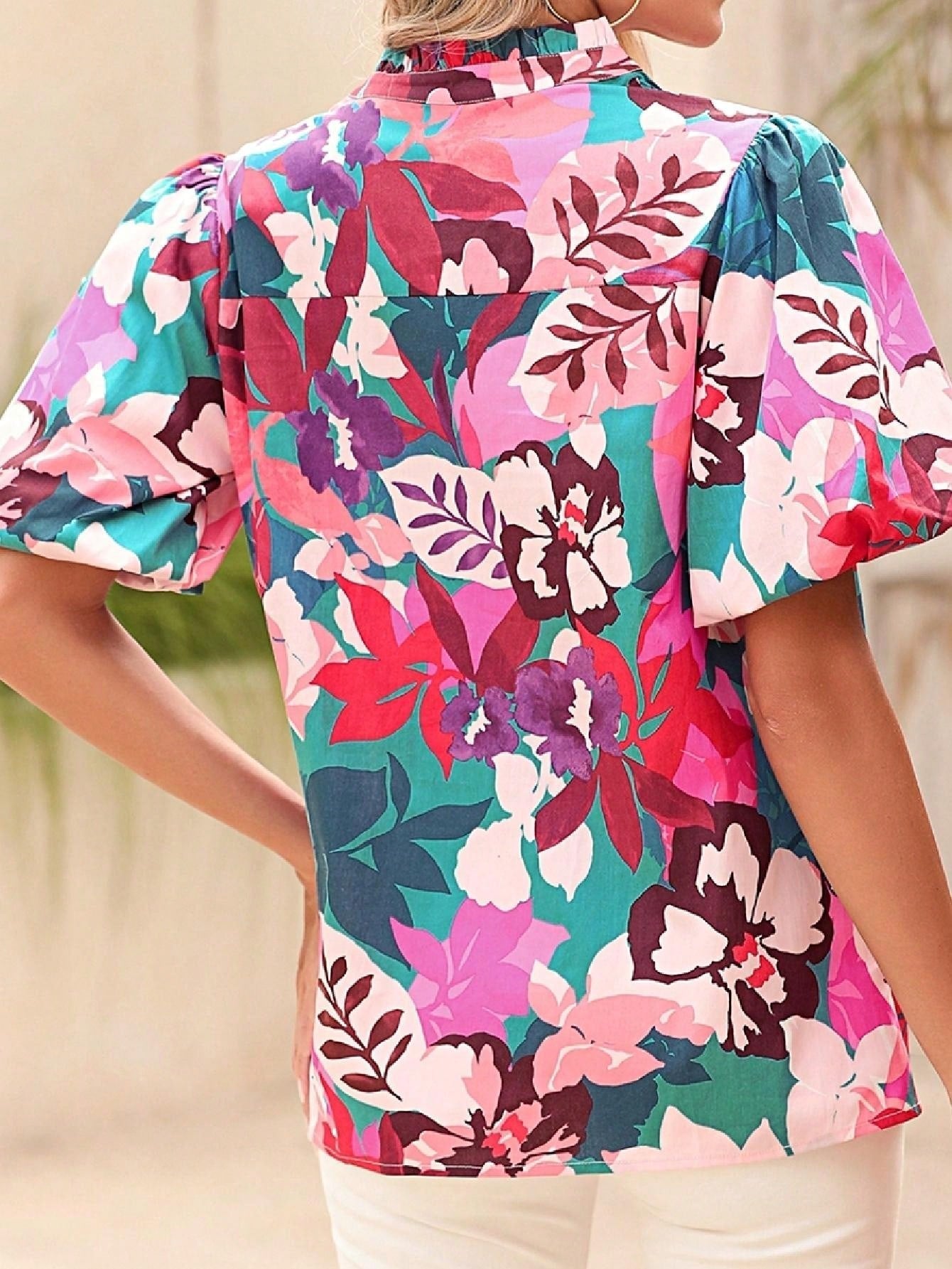 Boho Retro Vintage 60's Vibe Rose Green Cotton  V Notch Neck Lantern Bubble Sleeve Top Shirt Blouse
