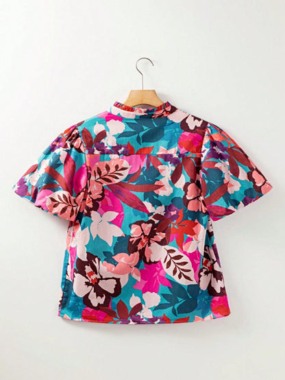 Boho Retro Vintage 60's Vibe Rose Green Cotton  V Notch Neck Lantern Bubble Sleeve Top Shirt Blouse