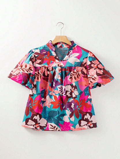 Boho Retro Vintage 60's Vibe Rose Green Cotton  V Notch Neck Lantern Bubble Sleeve Top Shirt Blouse