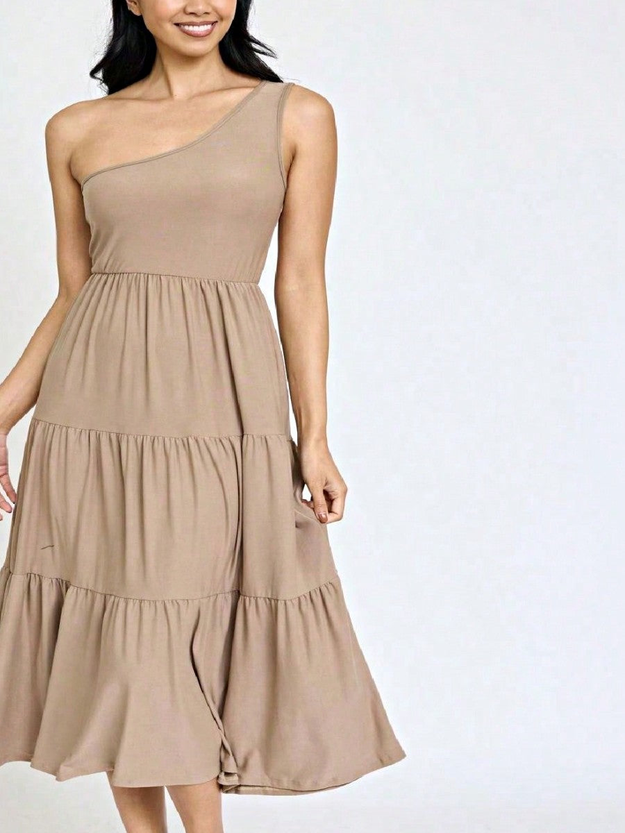 Boho Retro  Vintage Tiered Dress Black Navy Sage Khaki Beige One Shoulder Tiered Long Dress
