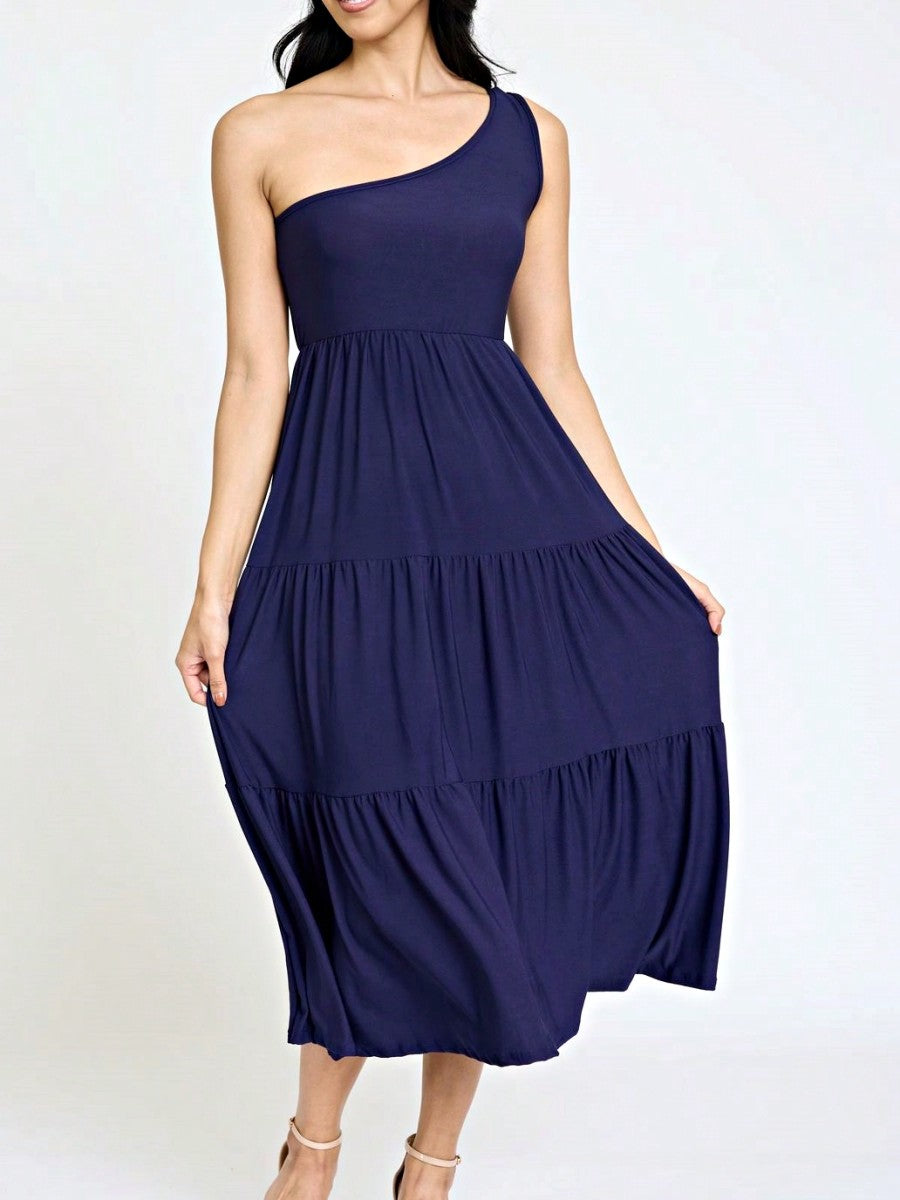 Boho Retro  Vintage Tiered Dress Black Navy Sage Khaki Beige One Shoulder Tiered Long Dress