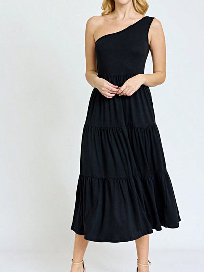 Boho Retro  Vintage Tiered Dress Black Navy Sage Khaki Beige One Shoulder Tiered Long Dress
