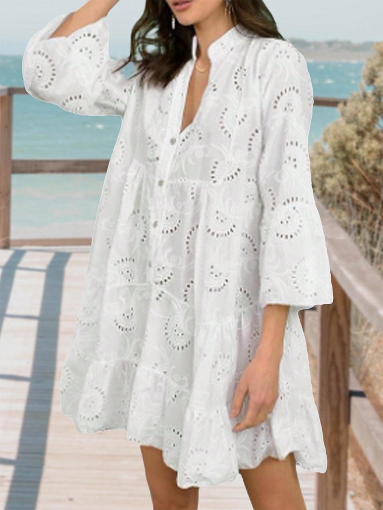 Boho Retro Vintage  Cotton Solid  White Embroidered Hollow Tiered Button Front Flounce Sleeve V Neck Dress