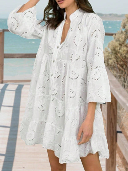 Boho Retro Vintage  Cotton Solid  White Embroidered Hollow Tiered Button Front Flounce Sleeve V Neck Dress