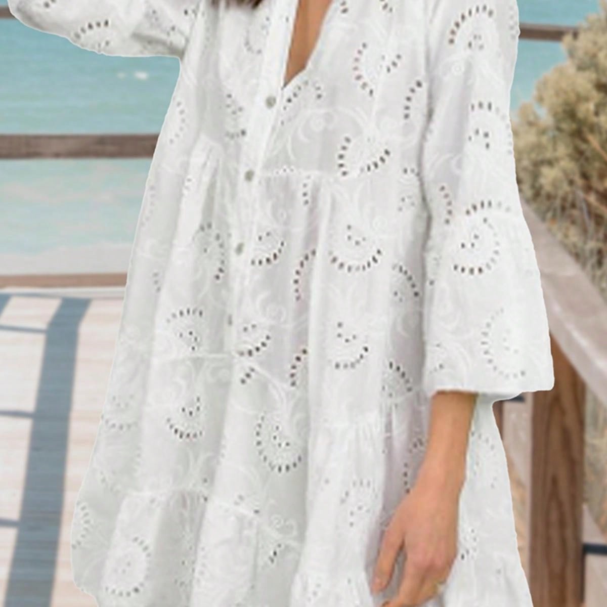 Boho Retro Vintage  Cotton Solid  White Embroidered Hollow Tiered Button Front Flounce Sleeve V Neck Dress