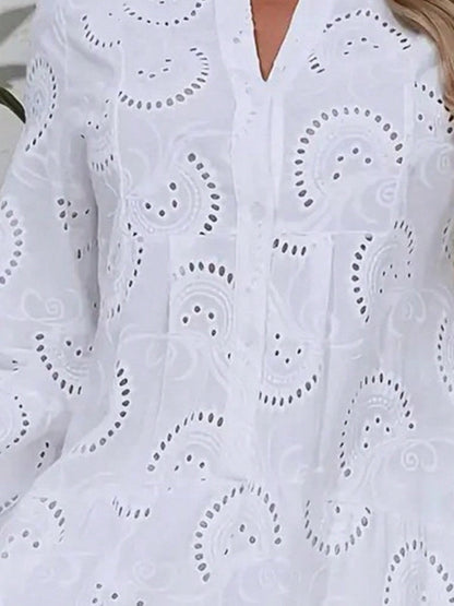 Boho Retro Vintage  Cotton Solid  White Embroidered Hollow Tiered Button Front Flounce Sleeve V Neck Dress