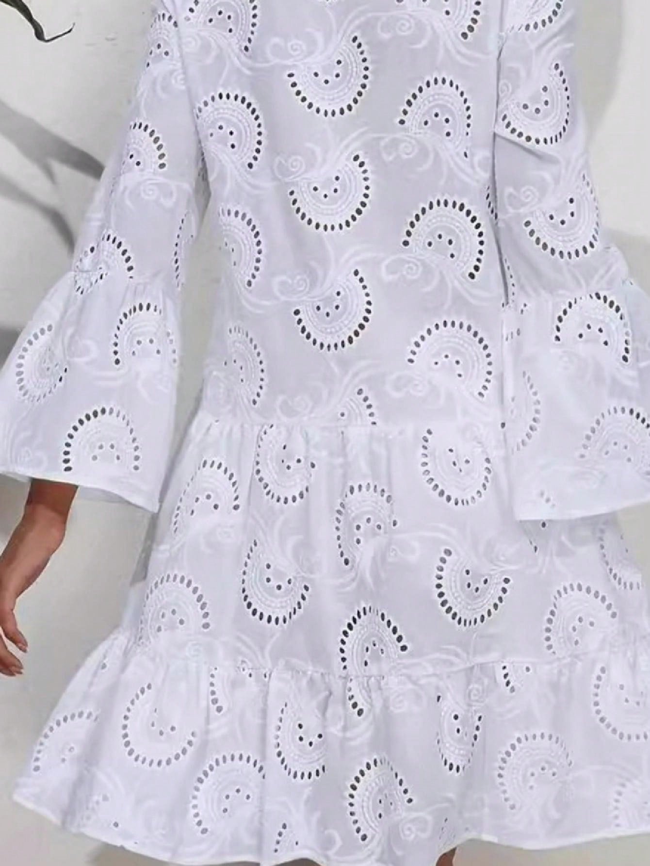 Boho Retro Vintage  Cotton Solid  White Embroidered Hollow Tiered Button Front Flounce Sleeve V Neck Dress