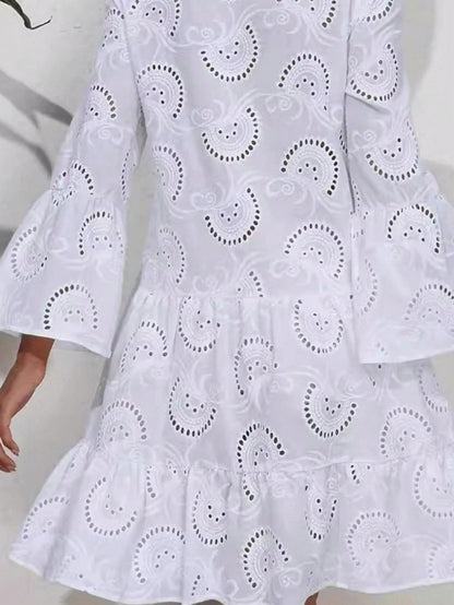 Boho Retro Vintage  Cotton Solid  White Embroidered Hollow Tiered Button Front Flounce Sleeve V Neck Dress