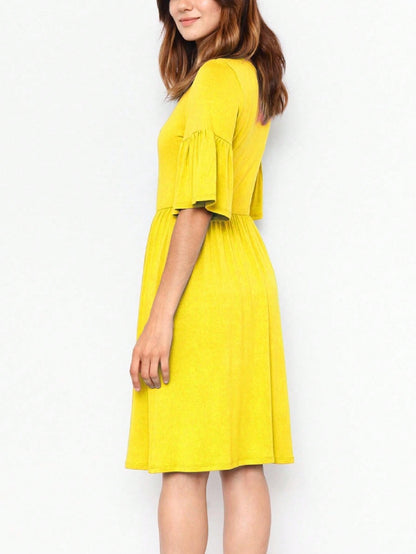 Boho Retro Yellow Black Navy Ruffle Short Sleeve Solid Color Rayon Smooth Cool Classic Dress