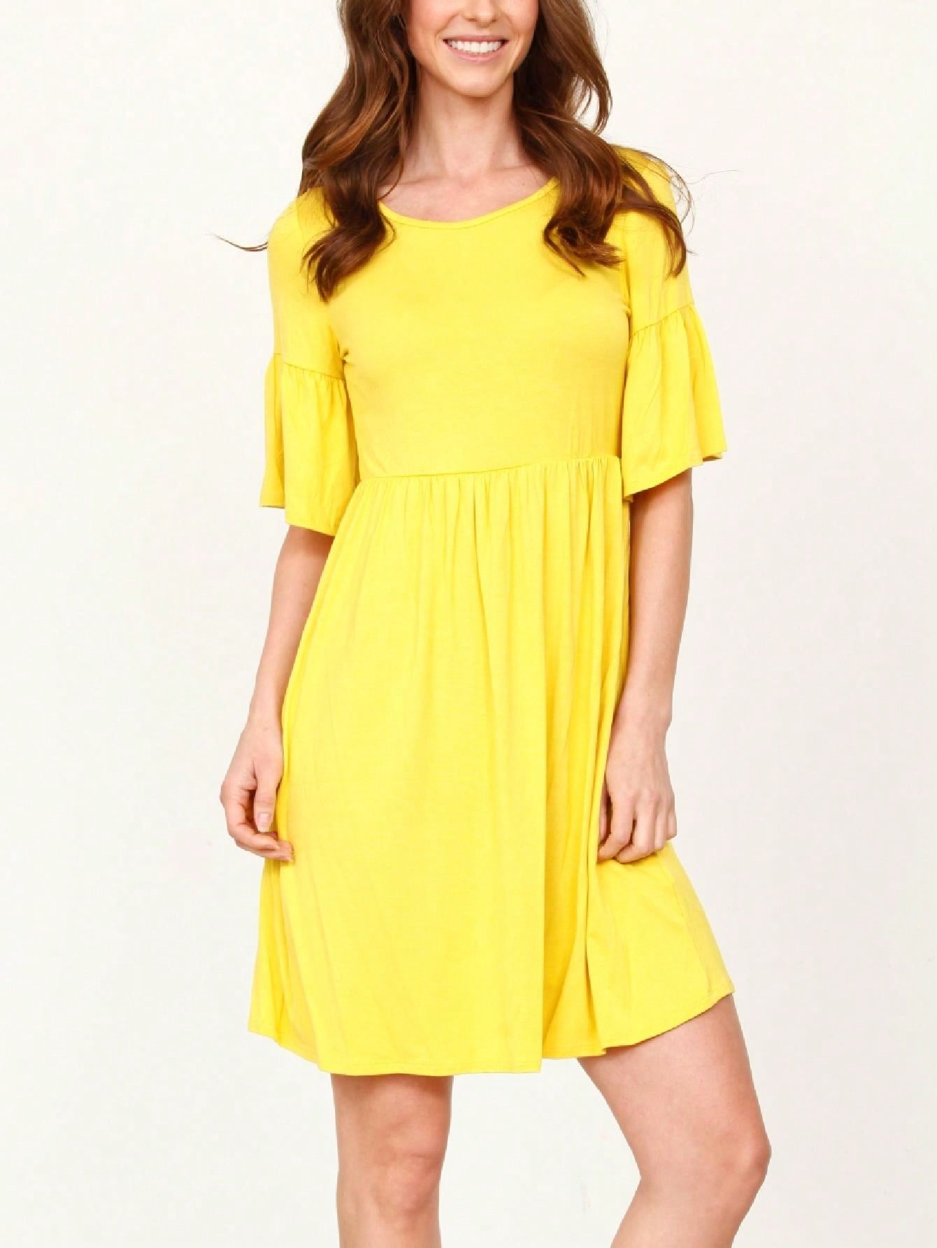 Boho Retro Yellow Black Navy Ruffle Short Sleeve Solid Color Rayon Smooth Cool Classic Dress