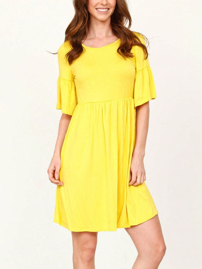 Boho Retro Yellow Black Navy Ruffle Short Sleeve Solid Color Rayon Smooth Cool Classic Dress