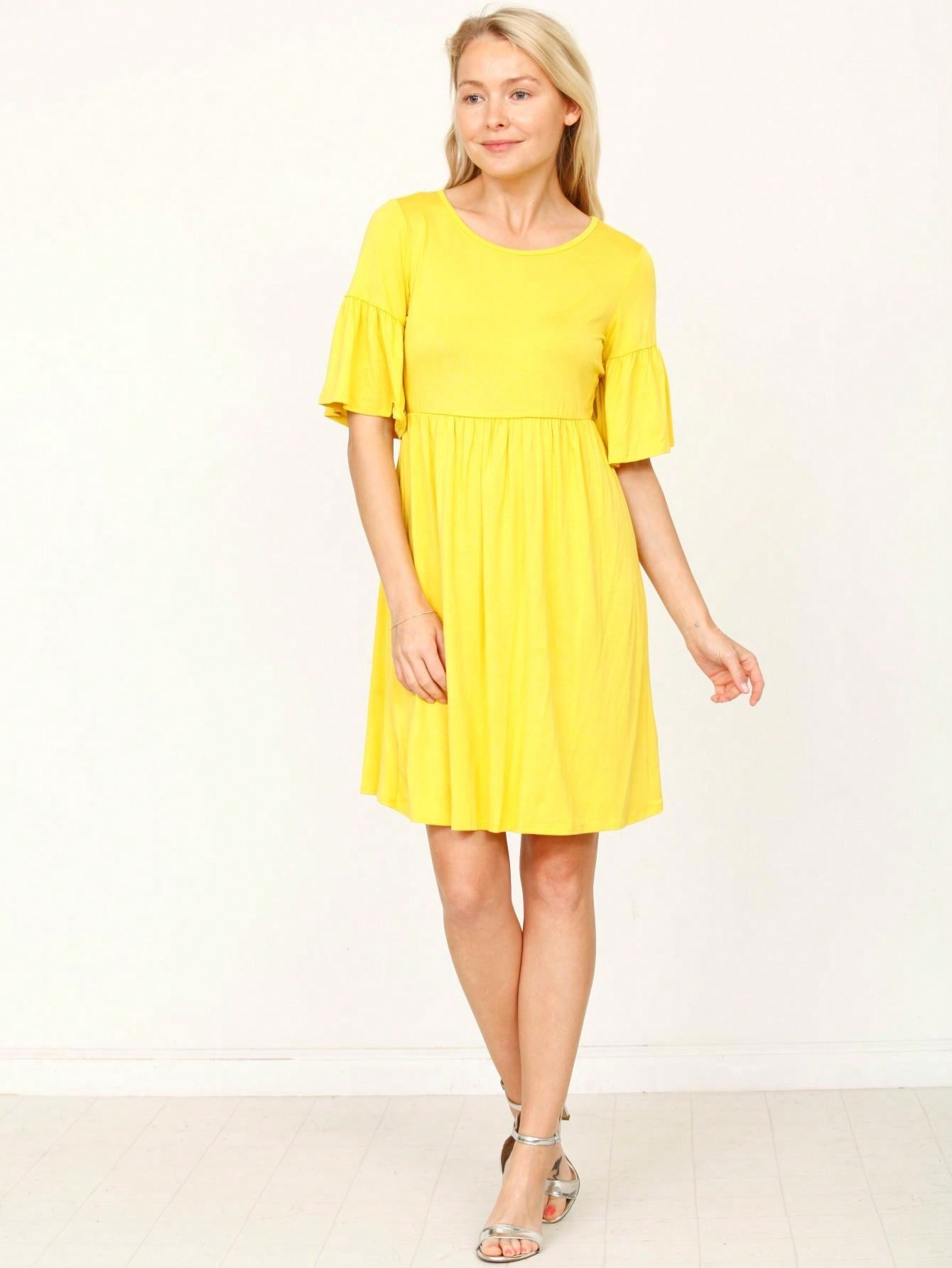 Boho Retro Yellow Black Navy Ruffle Short Sleeve Solid Color Rayon Smooth Cool Classic Dress