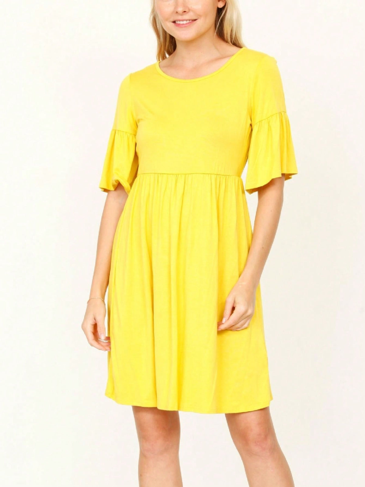 Boho Retro Yellow Black Navy Ruffle Short Sleeve Solid Color Rayon Smooth Cool Classic Dress