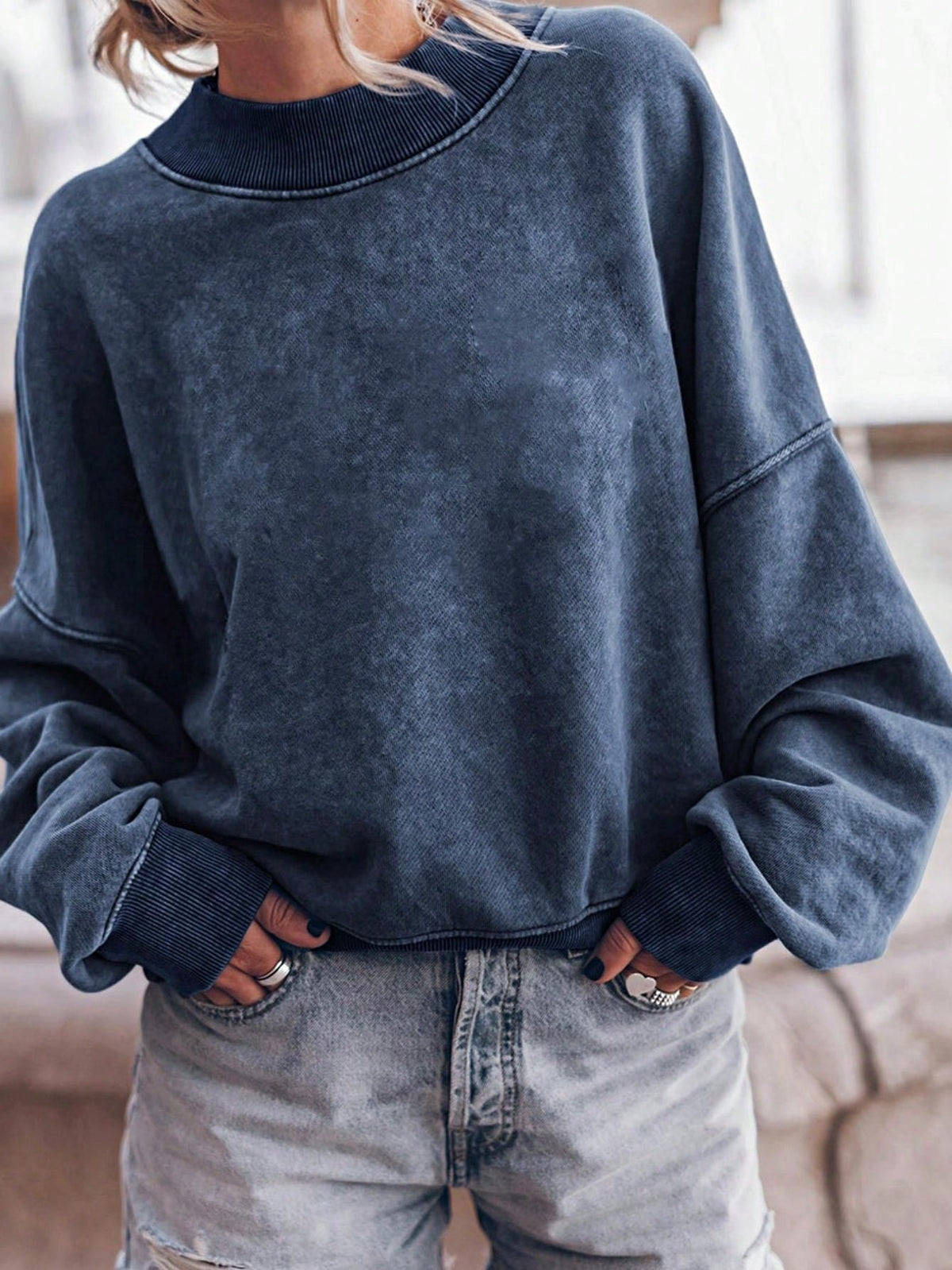 Boho Retro 60's Cotton Mix  Drop Shoulder Mineral Acid Washed Oversized Mock Neck Dolman T Shirt Top  Sweat Shirt
