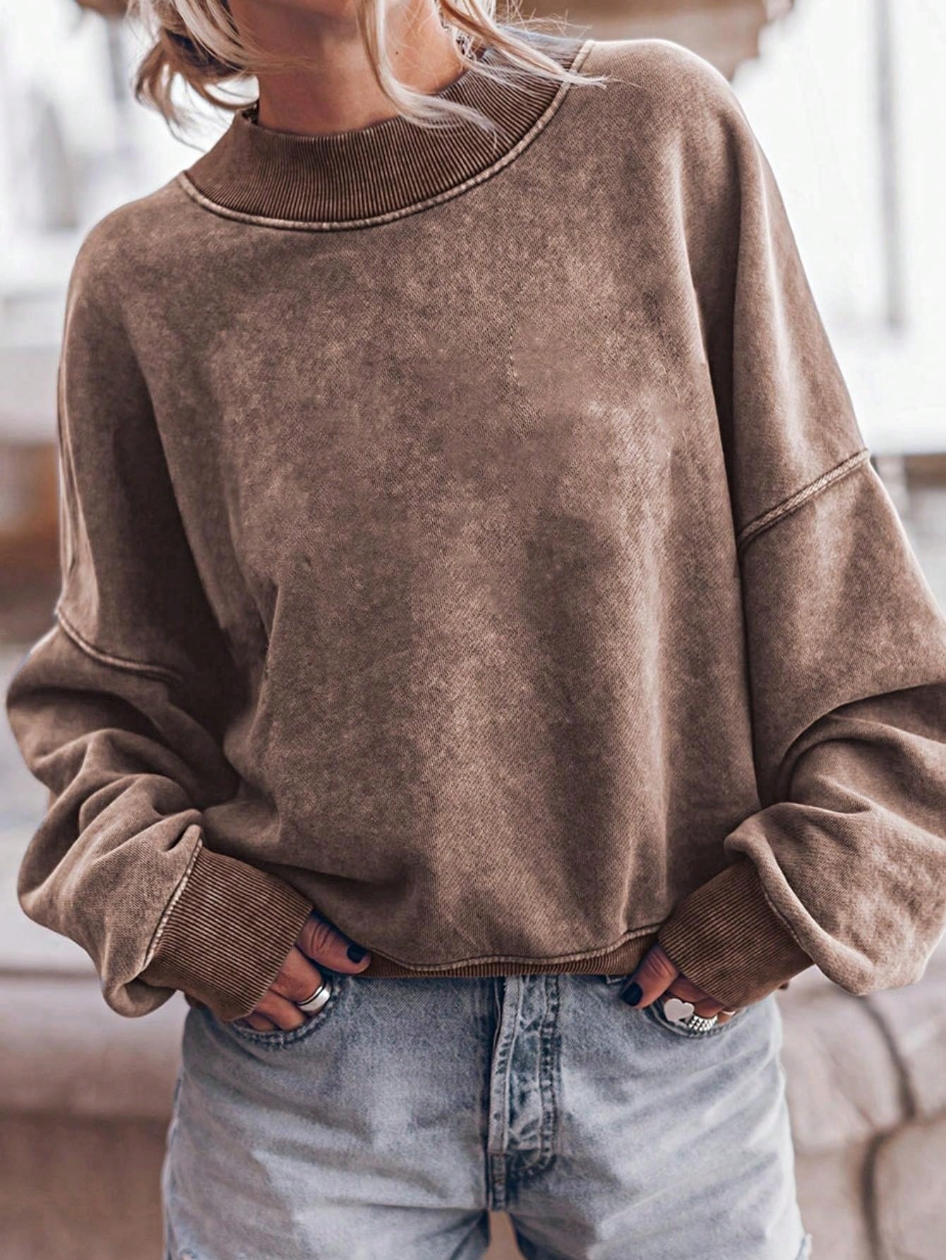Boho Retro 60's Cotton Mix  Drop Shoulder Mineral Acid Washed Oversized Mock Neck Dolman T Shirt Top  Sweat Shirt