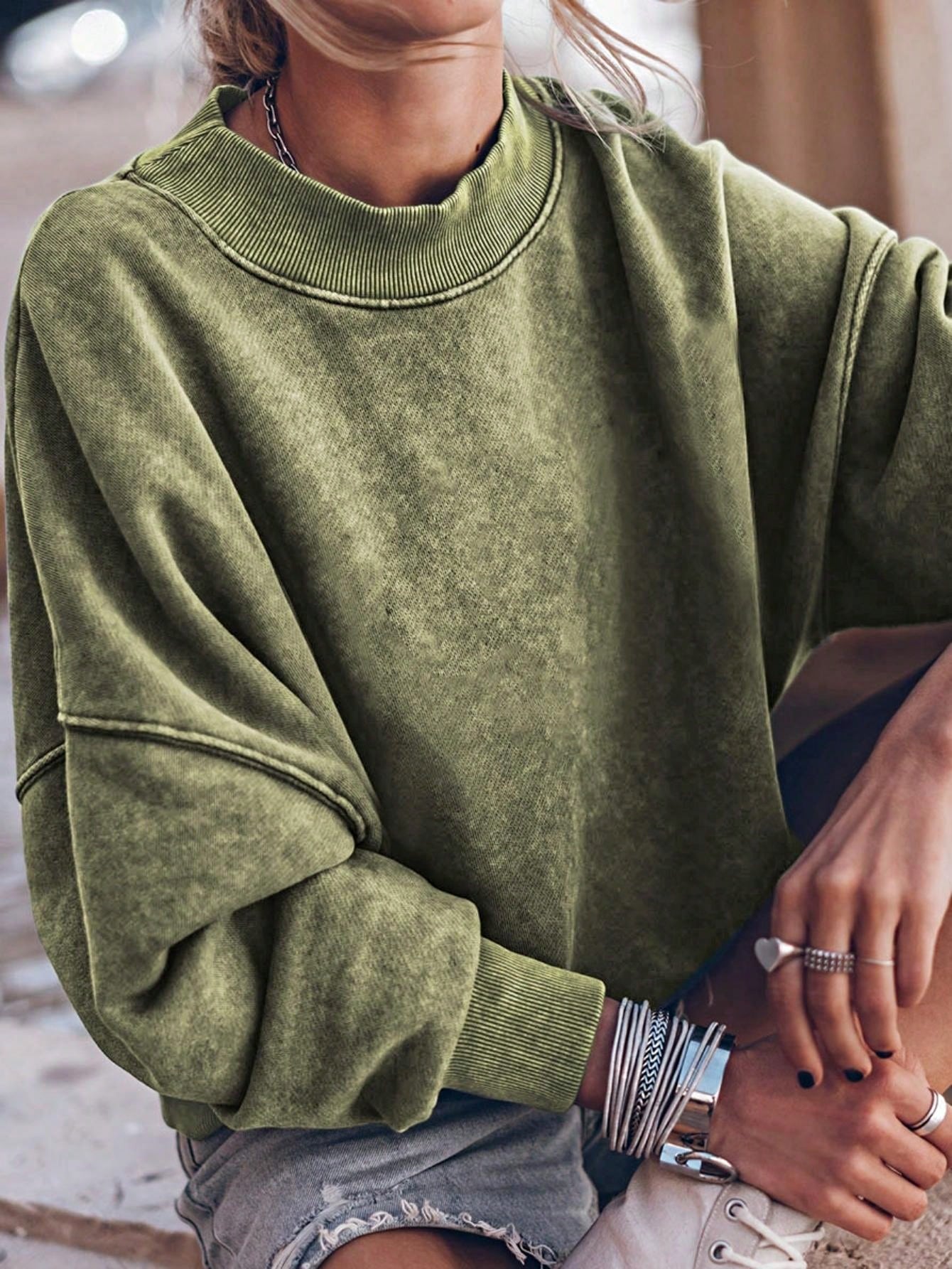 Boho Retro 60's Cotton Mix  Drop Shoulder Mineral Acid Washed Oversized Mock Neck Dolman T Shirt Top  Sweat Shirt
