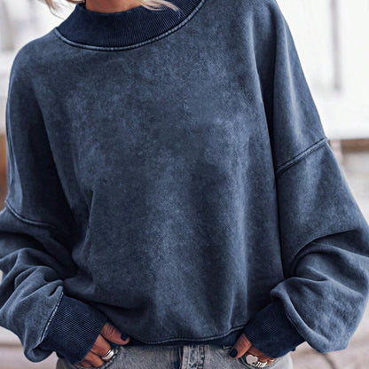 Boho Retro 60's Cotton Mix  Drop Shoulder Mineral Acid Washed Oversized Mock Neck Dolman T Shirt Top  Sweat Shirt