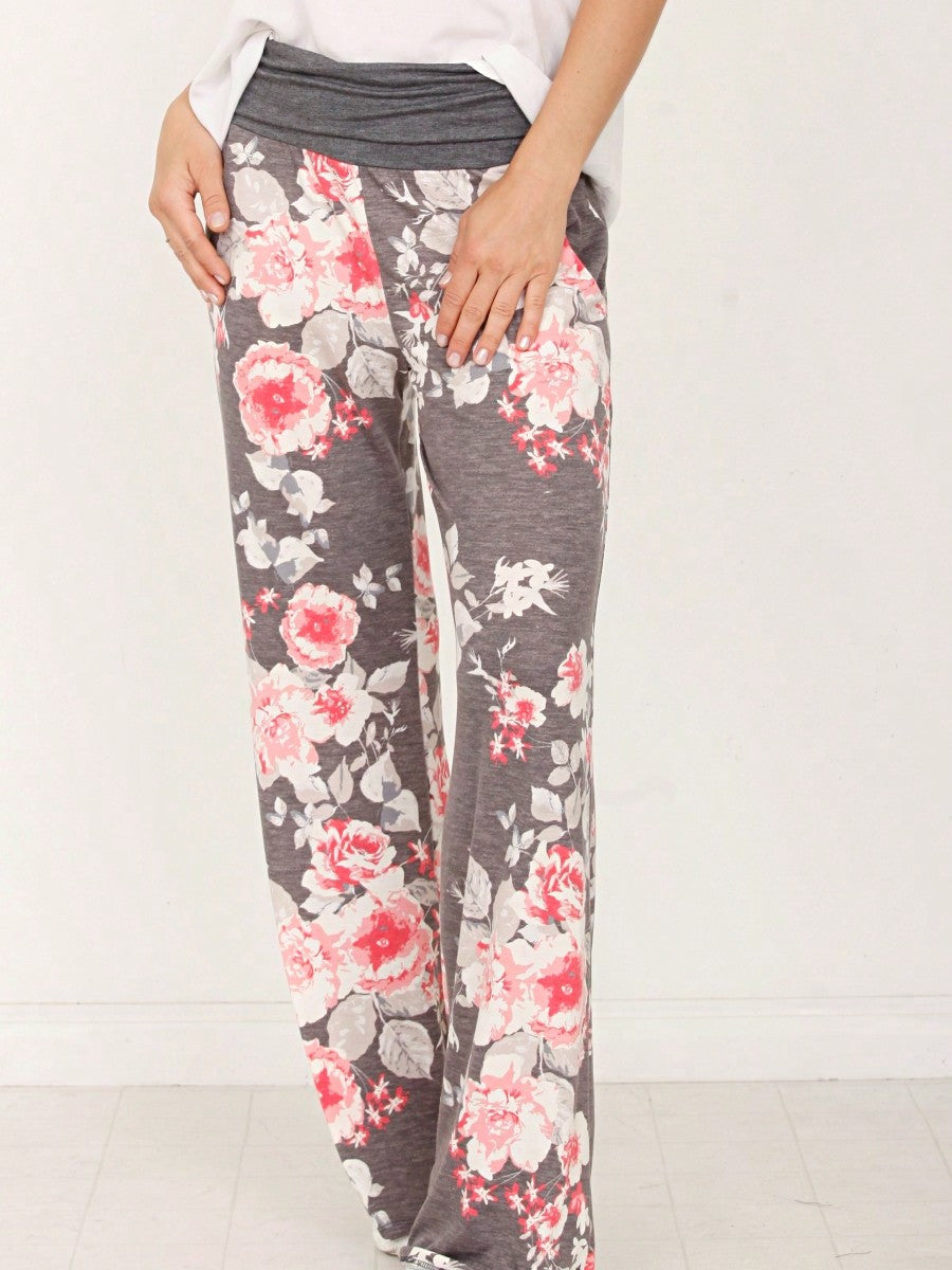 Floral Drawstring Fold Over Band Wide Leg Lounge Pants
