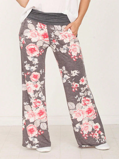 Floral Drawstring Fold Over Band Wide Leg Lounge Pants