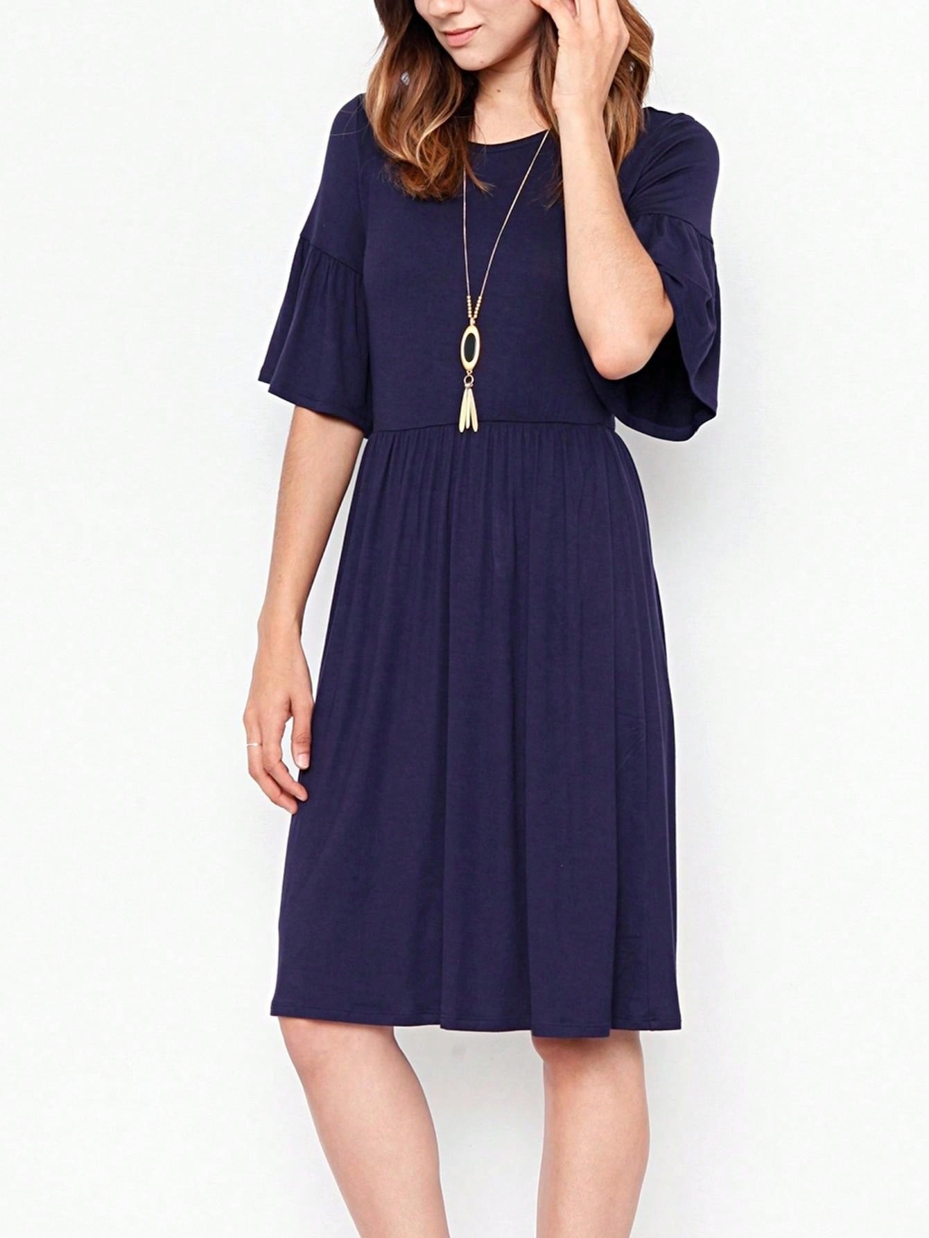 Boho Retro Yellow Black Navy Ruffle Short Sleeve Solid Color Rayon Smooth Cool Classic Dress