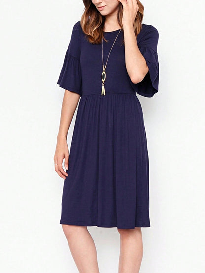 Boho Retro Yellow Black Navy Ruffle Short Sleeve Solid Color Rayon Smooth Cool Classic Dress