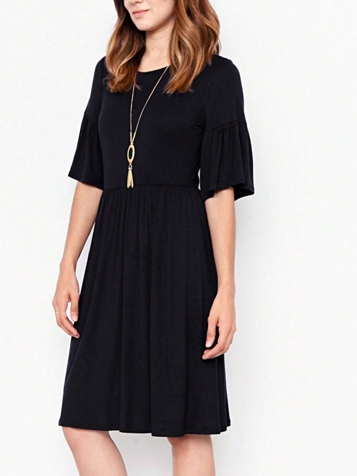 Boho Retro Yellow Black Navy Ruffle Short Sleeve Solid Color Rayon Smooth Cool Classic Dress